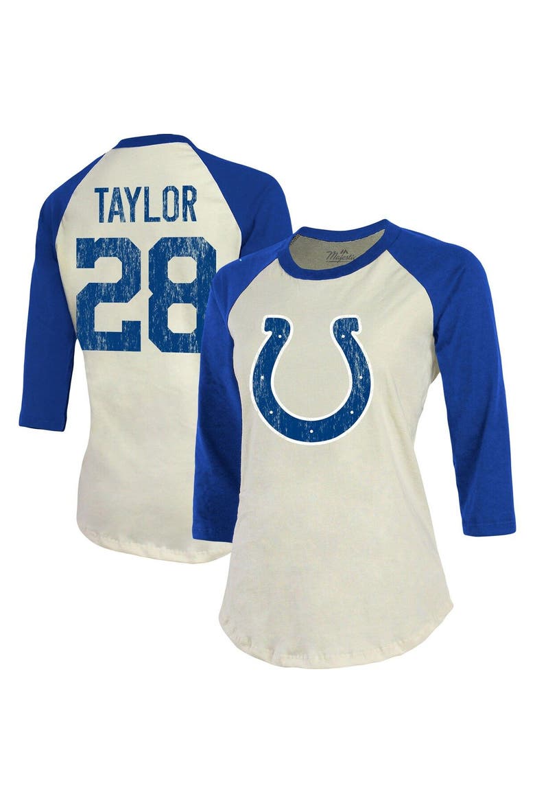 Women's Majestic Threads Jonathan Taylor Cream/Royal Indianapolis Colts Player Name & Number Raglan 3/4-Sleeve T-Shirt, Main, color, Cream