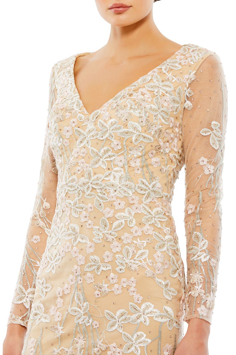 Sequin Floral Embroidered Long Sleeve Sheath Gown, Alternate, color, IVORY NUDE