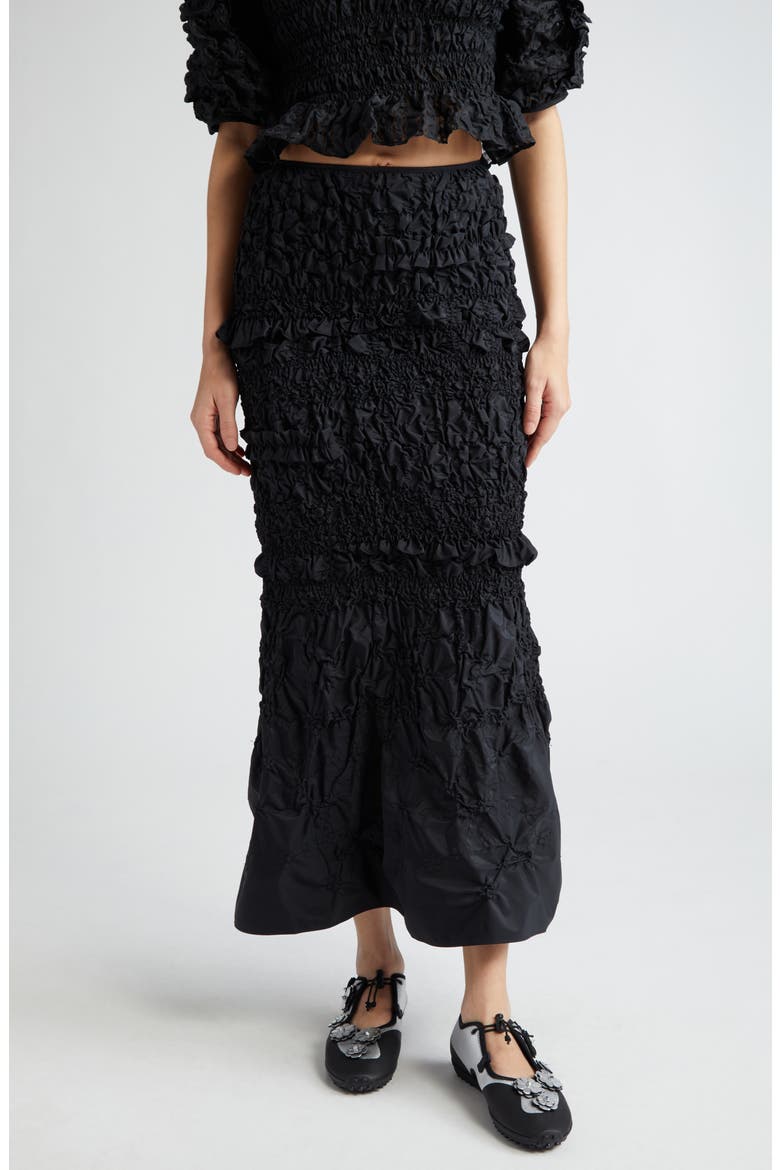Smocked Ruffle Recycled Faille Maxi Skirt, Main, color, BLACK