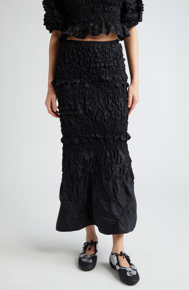 Cecilie Bahnsen Smocked Ruffle Recycled Faille Maxi Skirt, Main, color, 