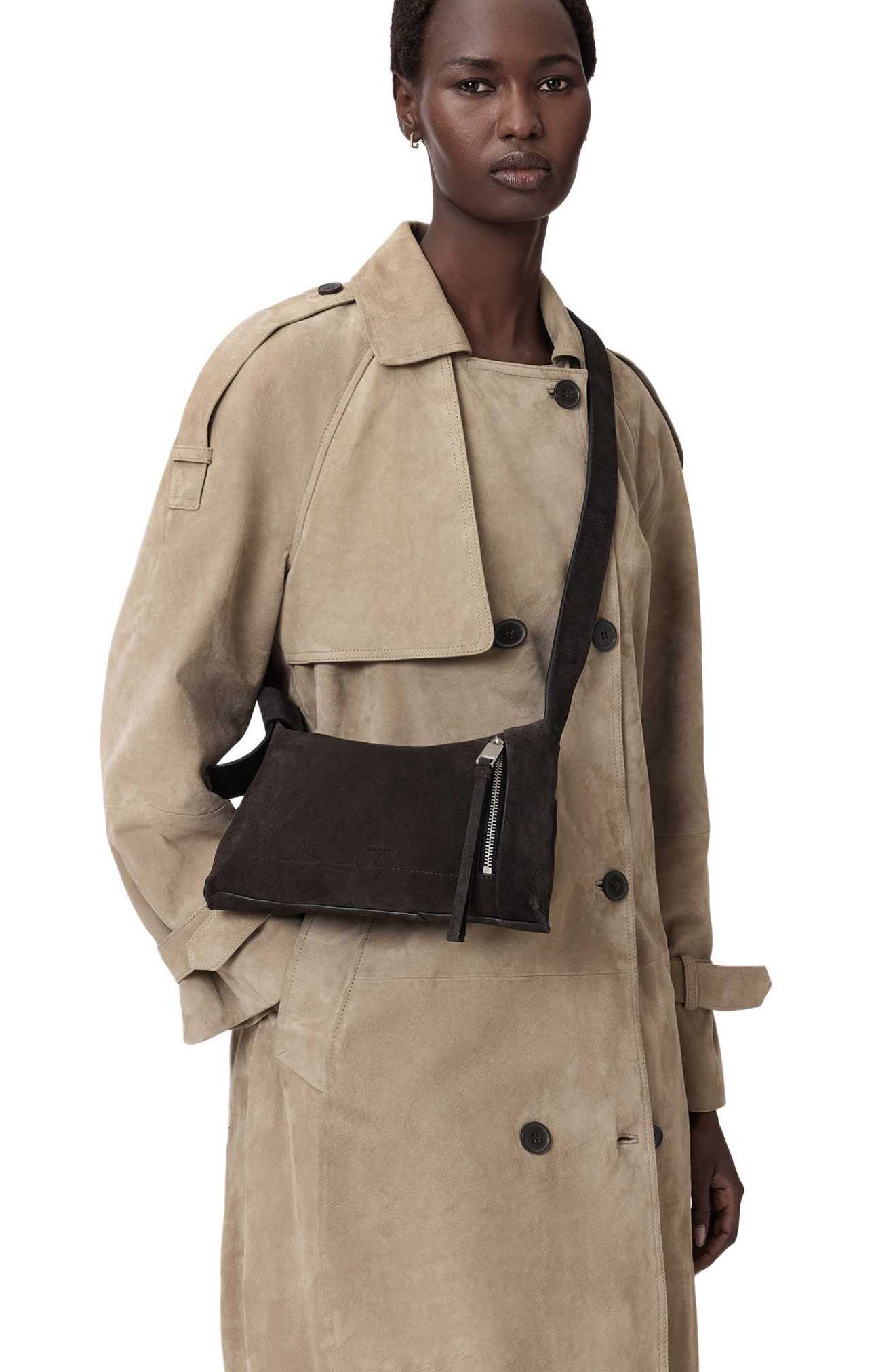 AllSaints Small Alba Zip Suede Crossbody Bag, Alternate, color, Bitter Brown