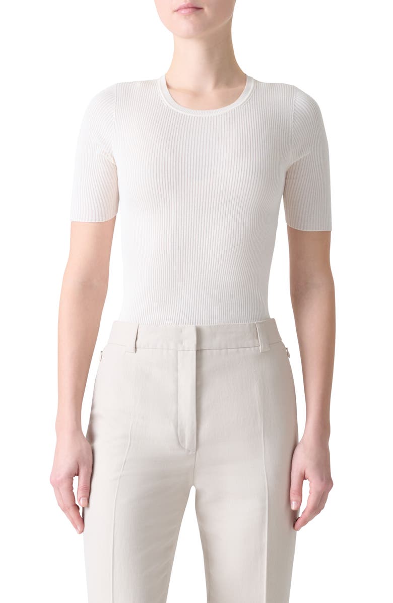 Akris Seamless Short Sleeve Silk & Cotton Rib Sweater, Main, color, Ecru