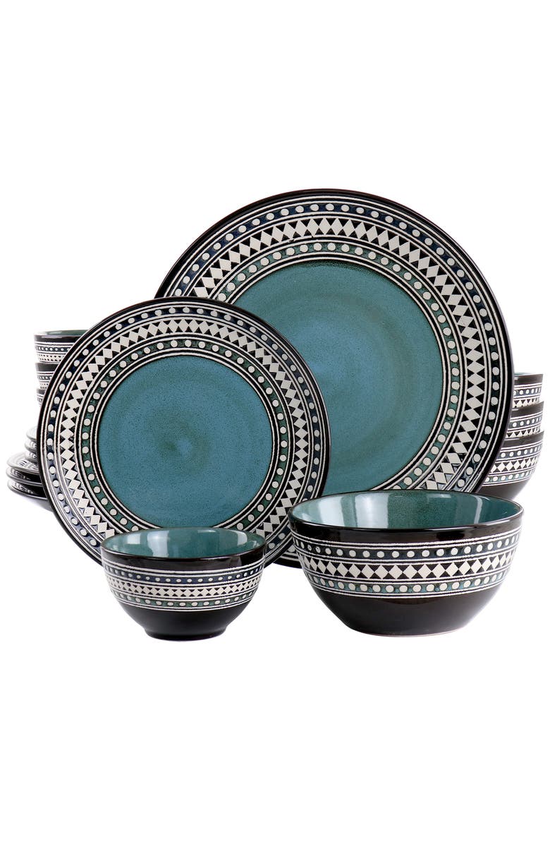 Elama Blue Sage 16 Piece Double Bowl Stoneware Dinnerware Set, Main, color, Blue