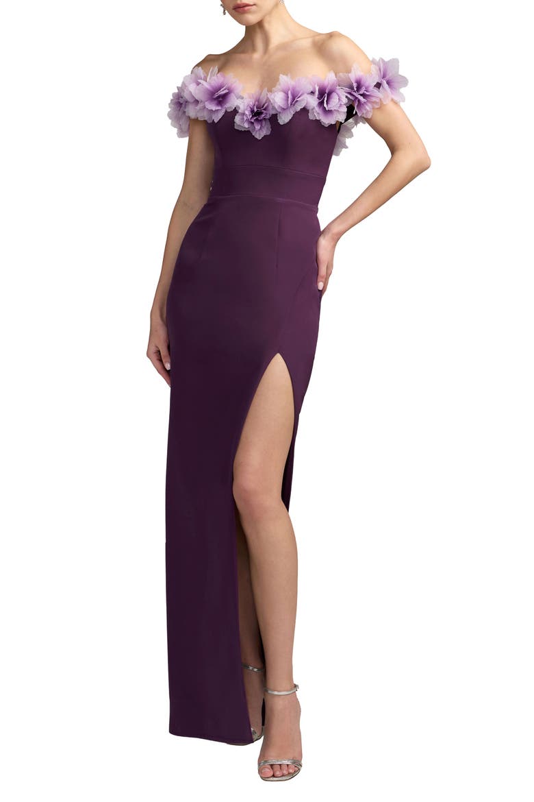 Off The Shoulder Column Gown With 3D Flowers, Main, color, Plum