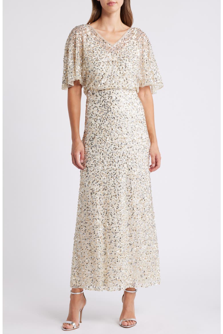 Beaded Capelet Gown, Main, color, CHAMPAGNE