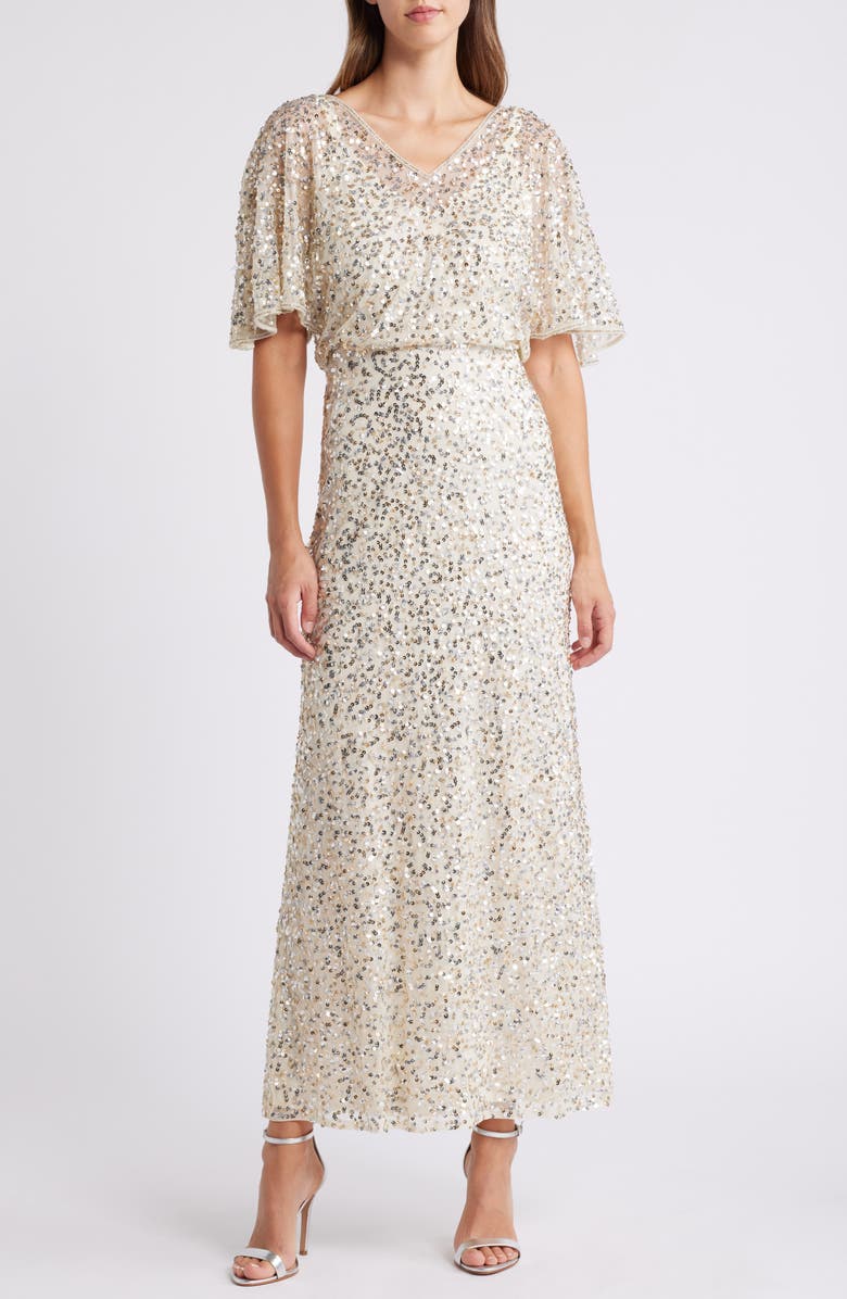 Pisarro Nights Beaded Capelet Gown, Main, color, Champagne