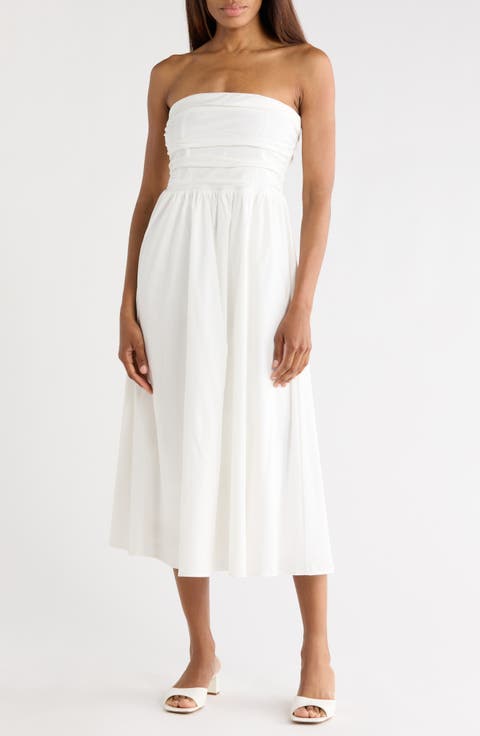 <p>Ruched Strapless Midi Dress</p>