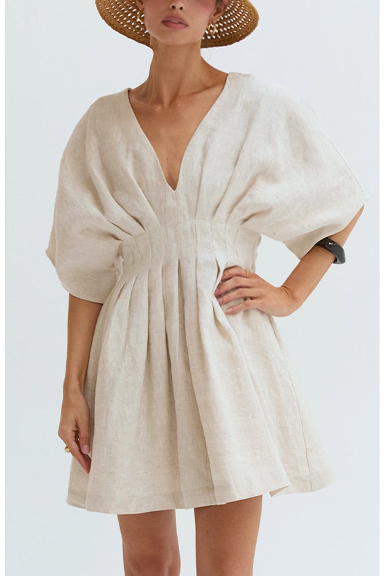 Pleated Linen Mini Dress, Main, color, Oatmeal