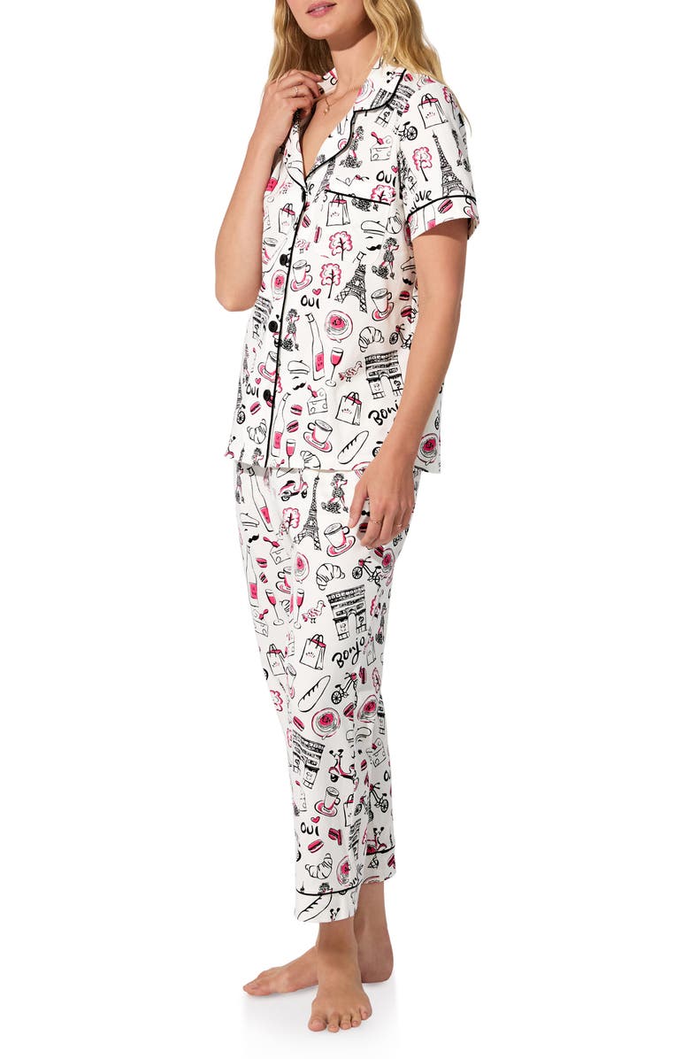 BedHead Pajamas Print Stretch Organic Cotton Jersey Crop Pajamas, Alternate, color, Bonjour Paris
