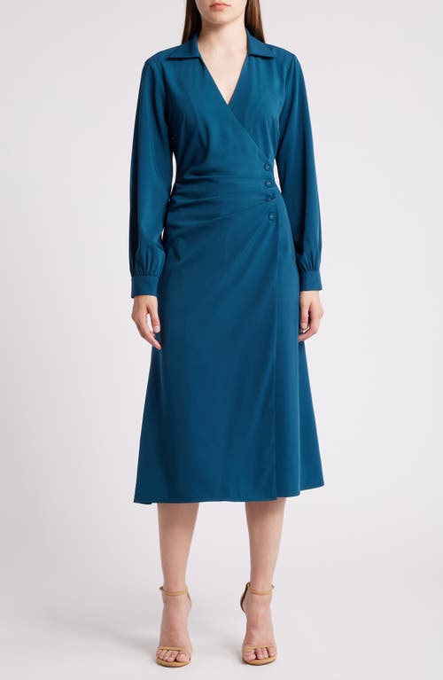 Mila Mae Button Overlap Long Sleeve Wrap Dress in Deep Teal 