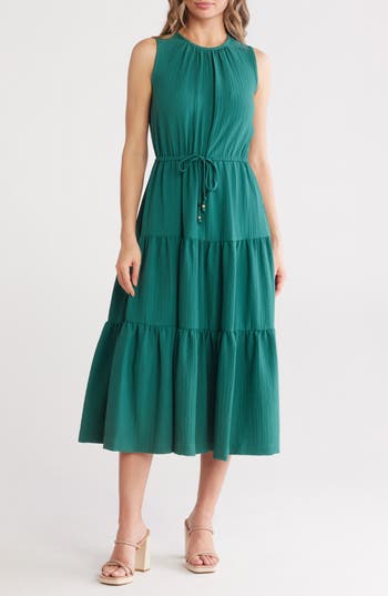 Shop Calvin Klein Sleeveless Tiered Midi Dress In Sequoia