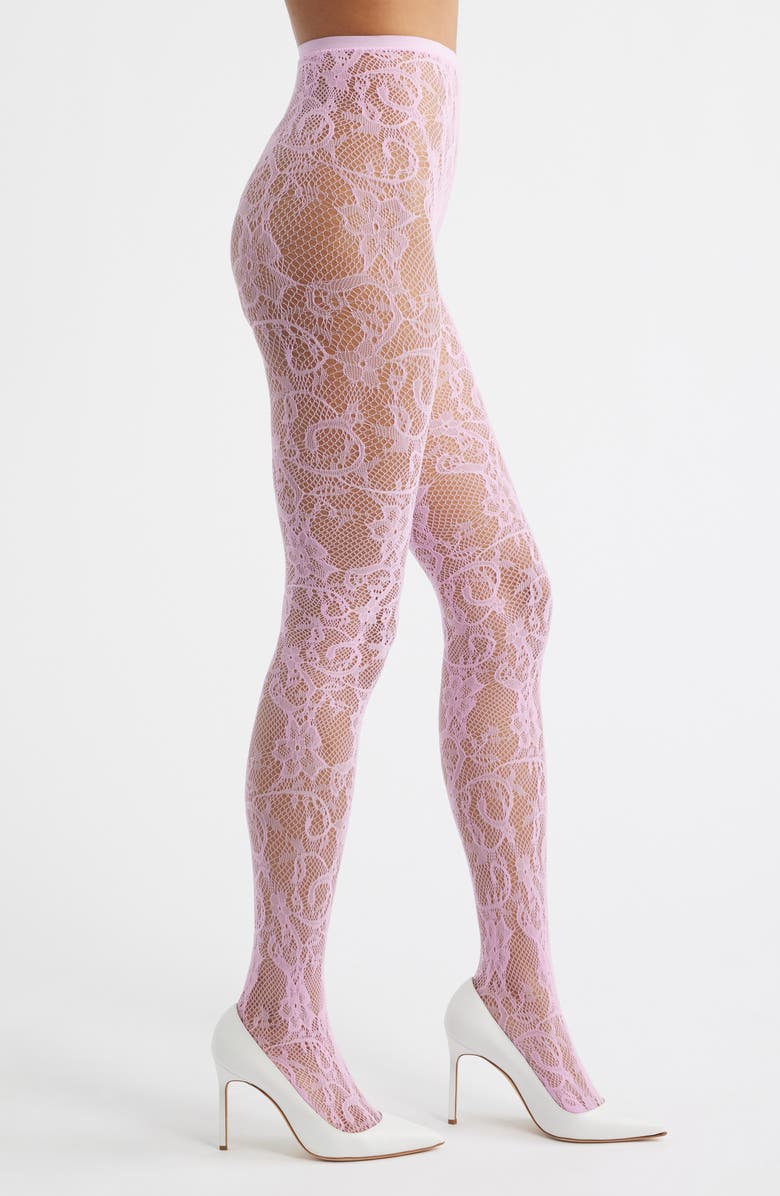 HIGH HEEL JUNGLE Rosa Floral Lace Tights, Main, color, Pink