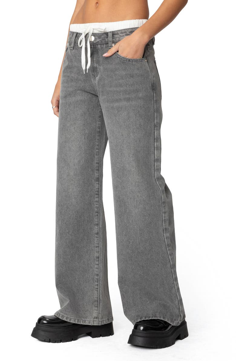 EDIKTED Drawstring Boxer Detail Wide Leg Jeans, Alternate, color, Gray-Washed