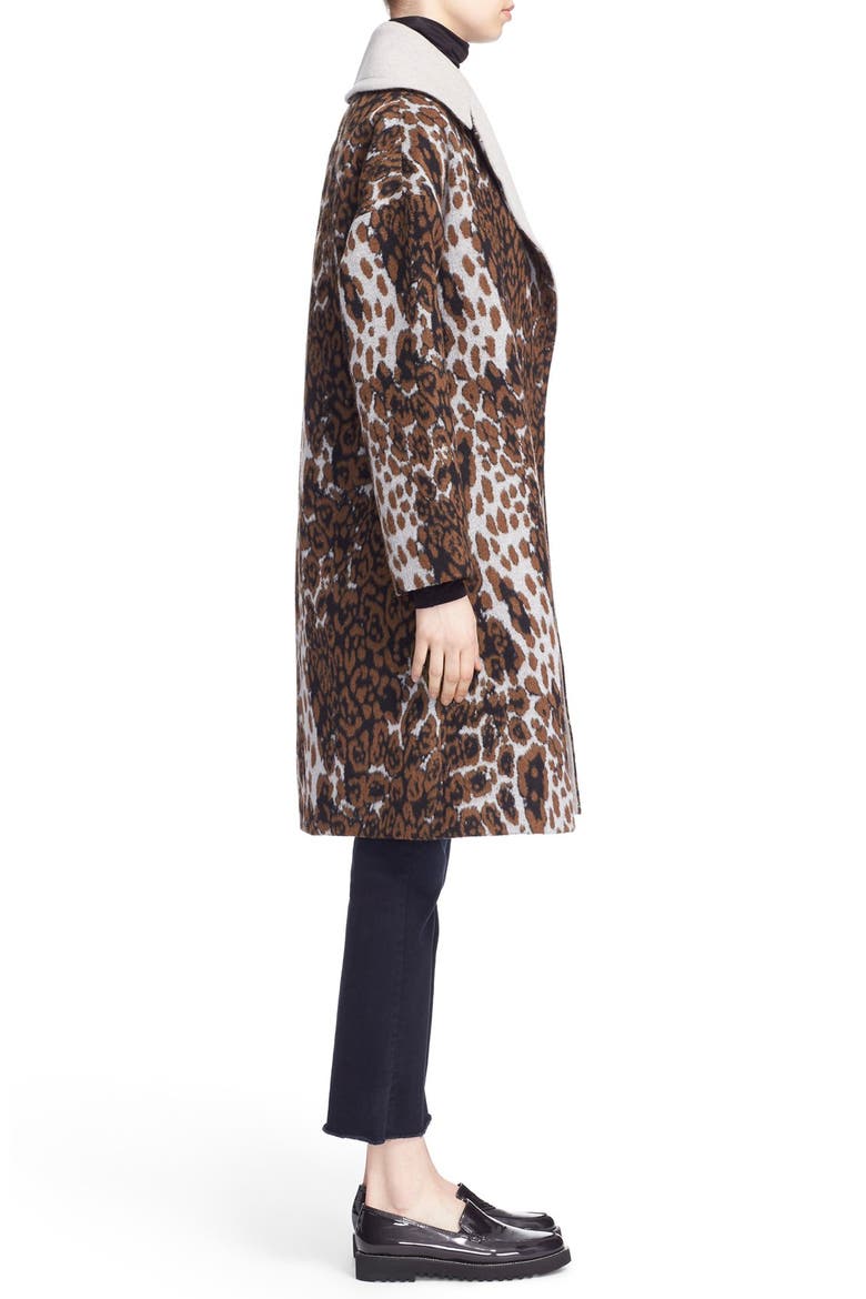 Contrast Collar Leopard Print Long Swing Coat, Alternate, color, BROWN/ PALE GREY