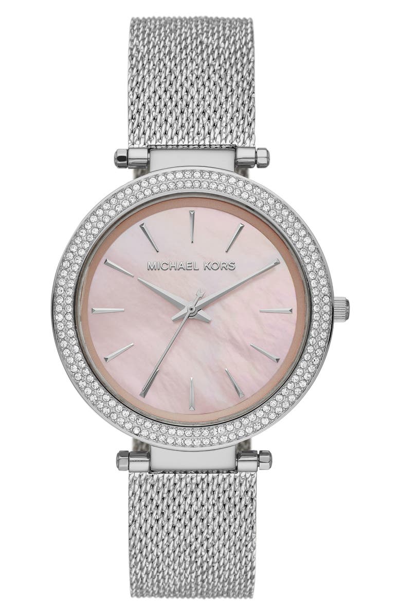 Michael Kors 'Darci' Crystal Bezel Mesh Strap Watch, 39mm, Main, color, 