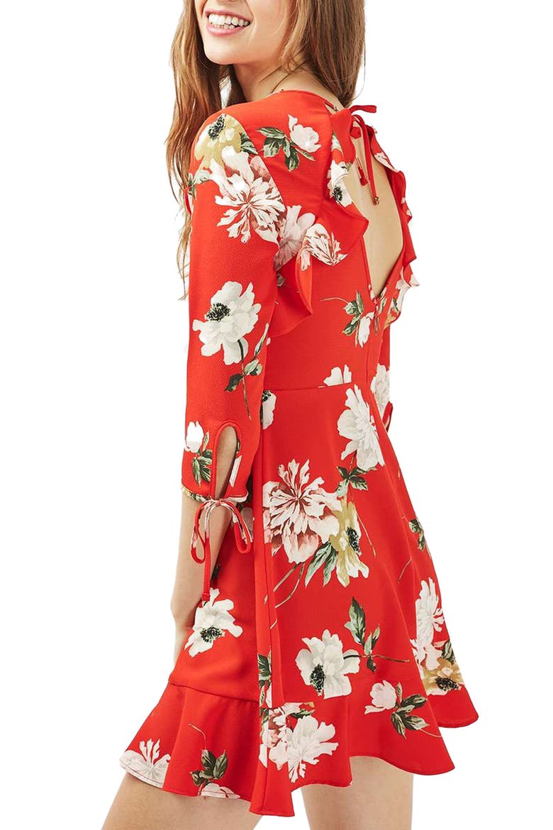 Ruffle Floral Tea Dress, Alternate, color, RED MULTI