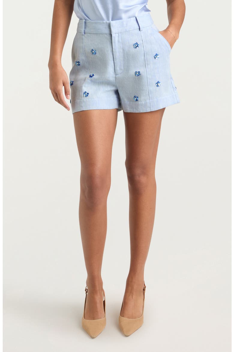 Tora Floral Appliqué Linen & Cotton Shorts, Main, color, BLUE HYDRANGEA