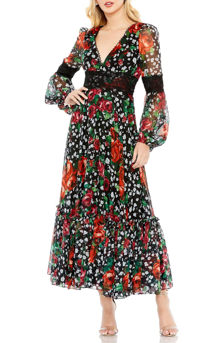 Mac Duggal V-Neck Floral Dress with Long Puff Sleeves and Ruffle Hem, Main, color, Black Multi