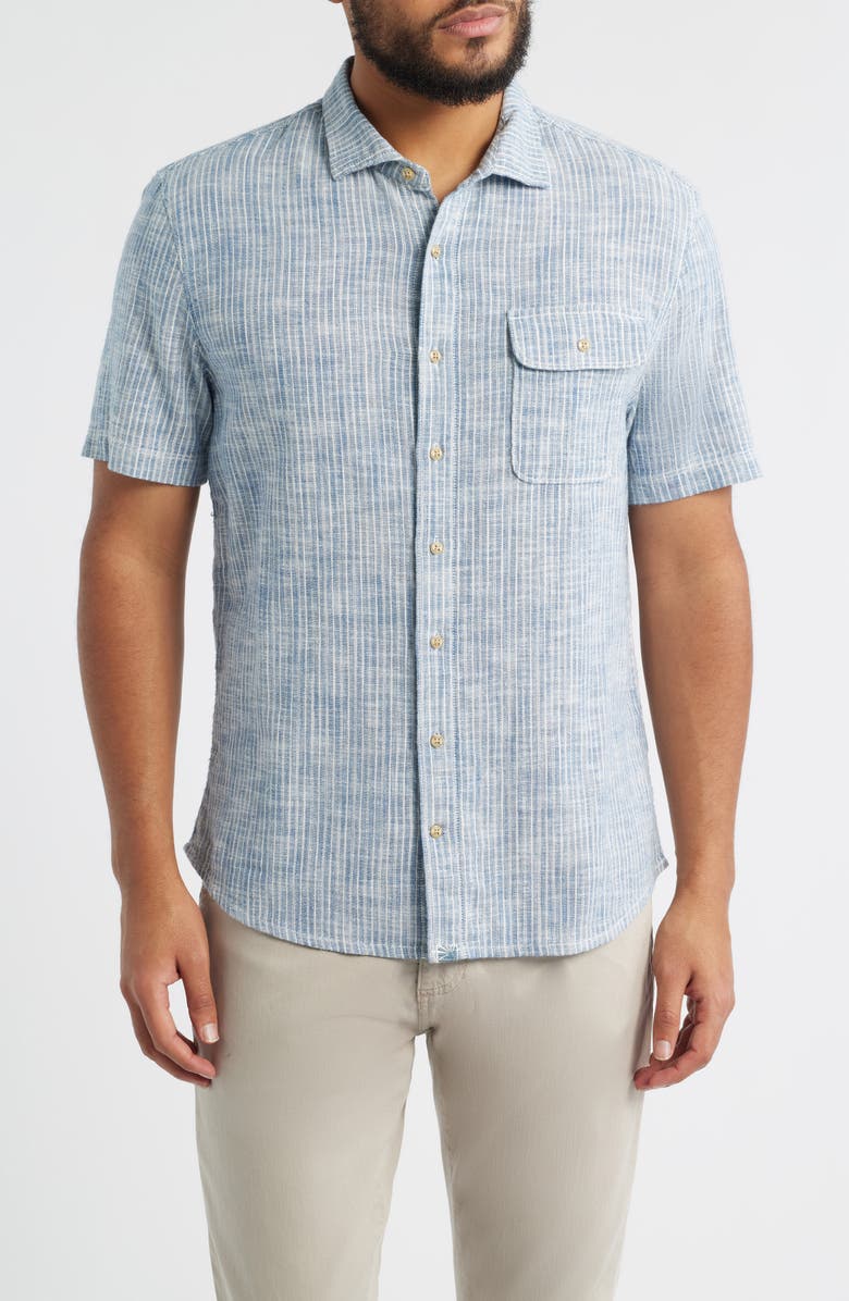 johnnie-O Ennis Hangin' Out Stripe Short Sleeve Stretch Cotton Button-Up Shirt, Main, color, Indigo