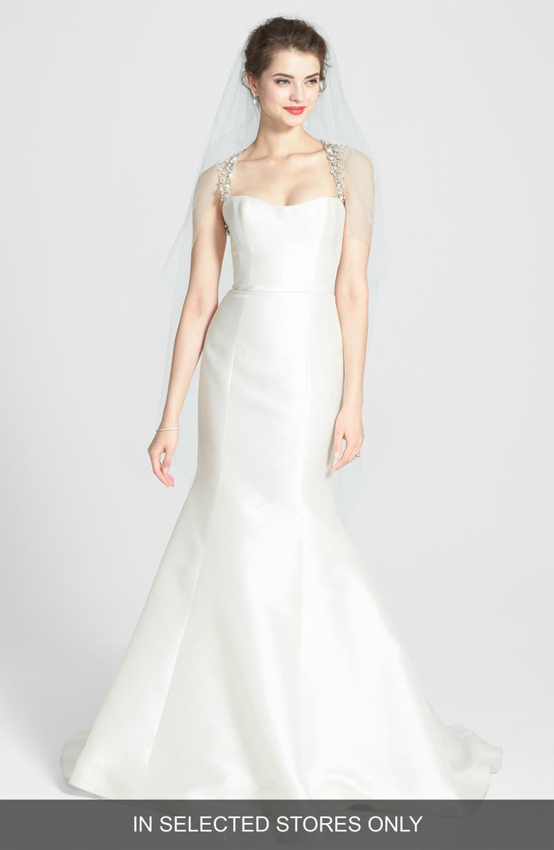 Amsale Lenox Beaded Illusion Strap Silk Blend Trumpet Dress, Alternate, color, 