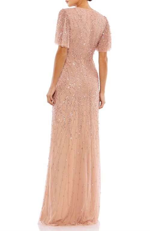 Mac Duggal Embellished Flutter Sleeve Gown In Nude