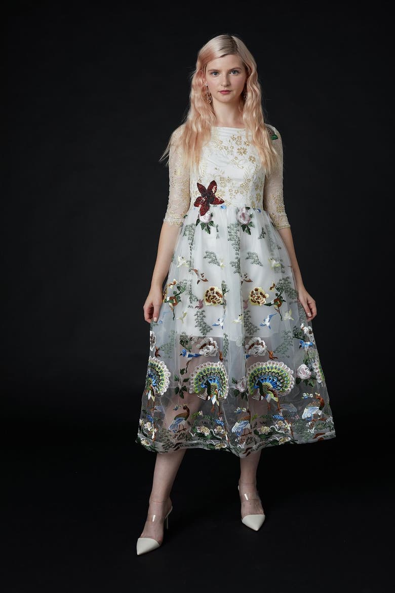 Qiaochu Embroidered Peacock Dress, Alternate, color, White