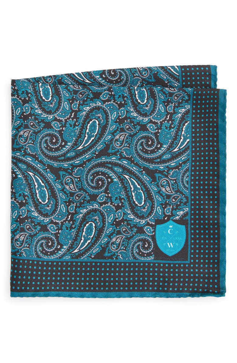 CLIFTON WILSON Aqua Paisley Silk Pocket Square, Main, color, Aqua