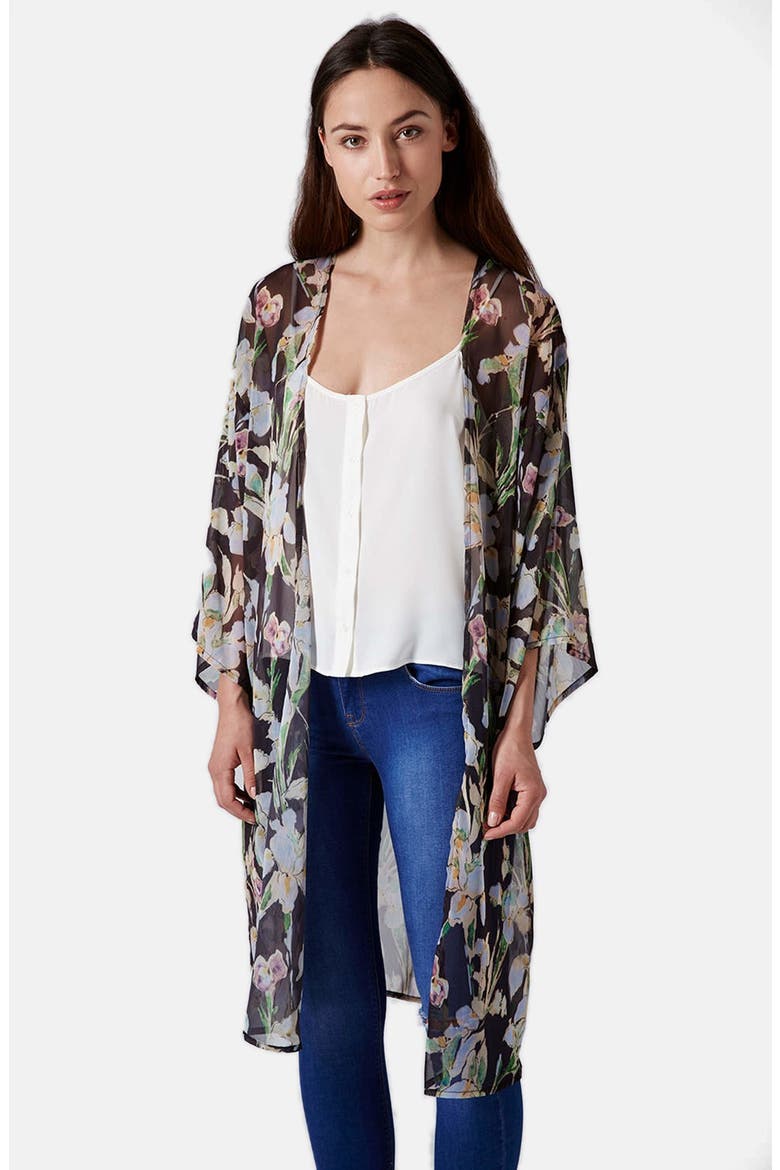 Iris Print Kimono Jacket, Main, color, PINK MULTI