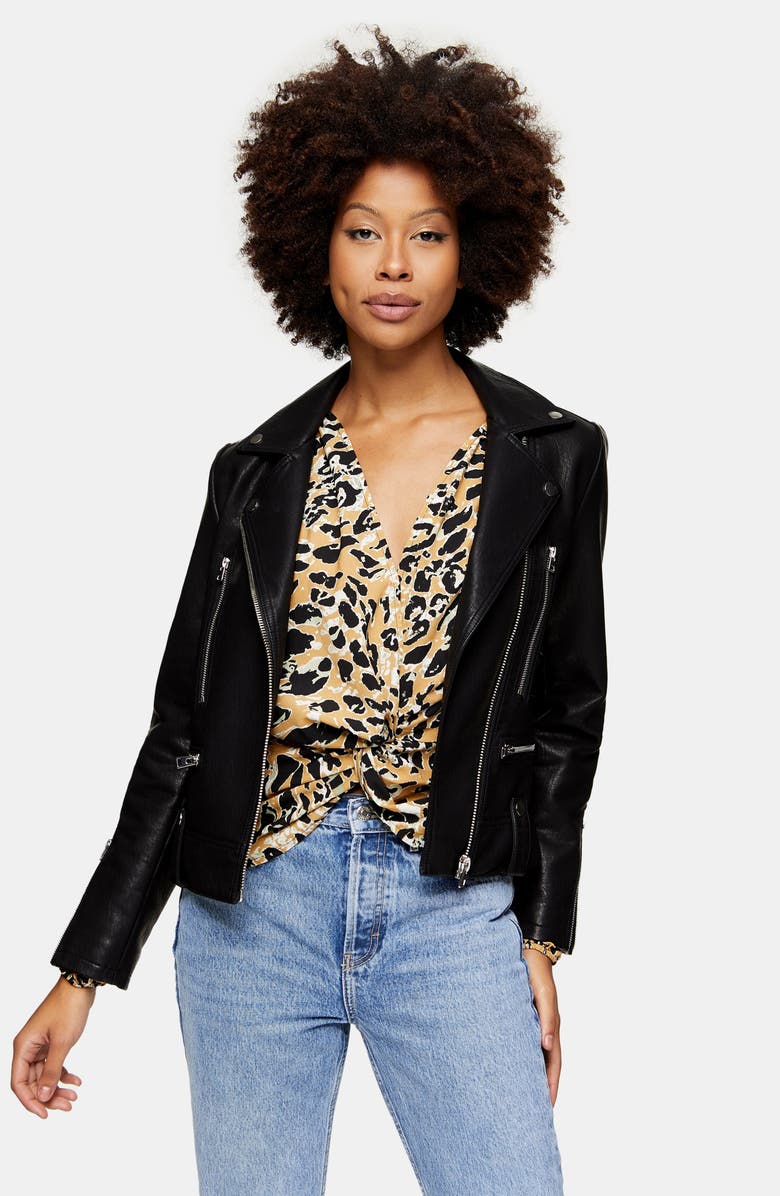 Topshop Fred Faux Leather Biker Jacket, Alternate, color,