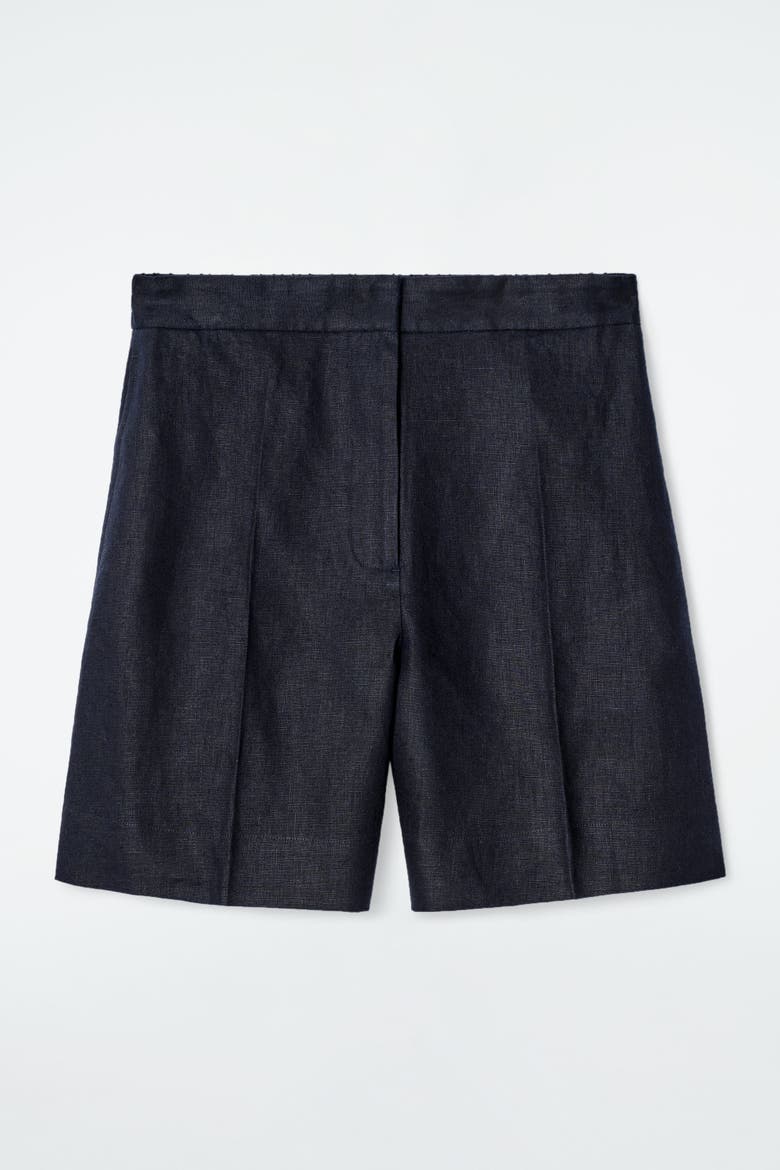 Tailored Elasticated Linen Shorts, Main, color, NAVY