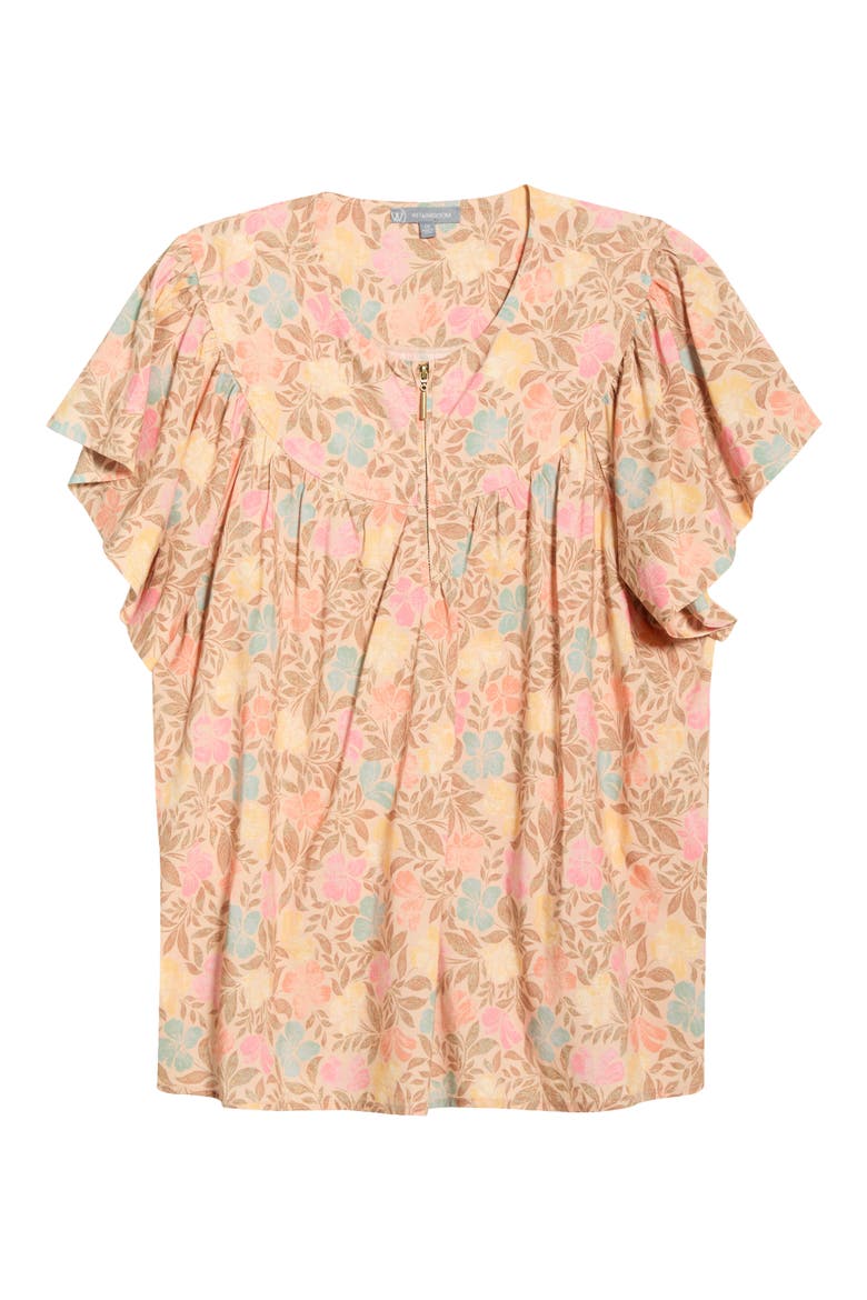 Floral Flutter Sleeve Quarter Zip Top, Alternate, color, GOLDEN SUGAR MULTI