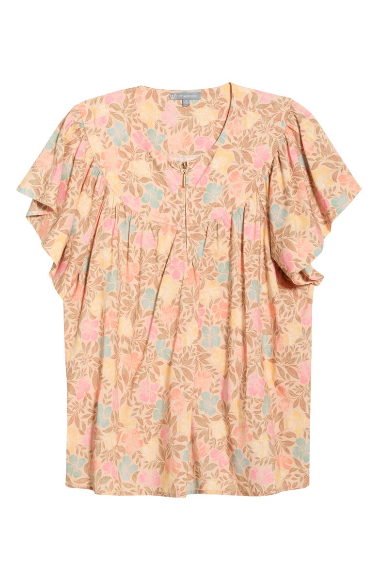 Wit & Wisdom Floral Flutter Sleeve Quarter Zip Top, Alternate, color, Golden Sugar Multi