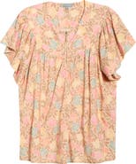 Wit & Wisdom Floral Flutter Sleeve Quarter Zip Top