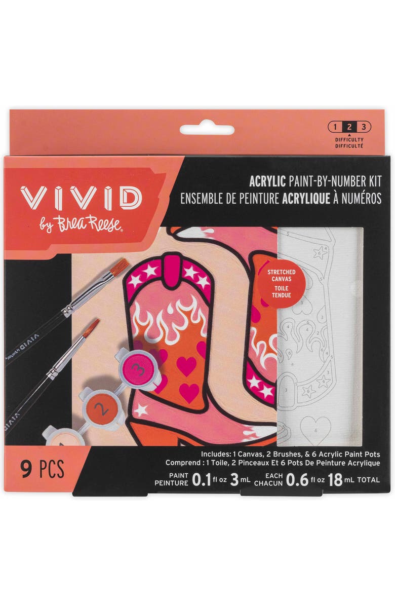 Brea Reese Vivid Acrylic Mini Paint By Number Kit Cowgirl Boot, 6 inch x 6 inch, Main, color, Multicolored