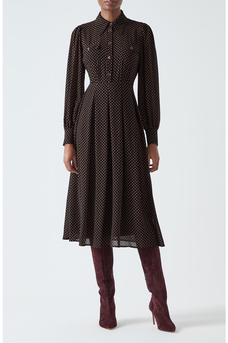 Cody Polka Dot Long Sleeve Shirtdress, Main, color, BROWN