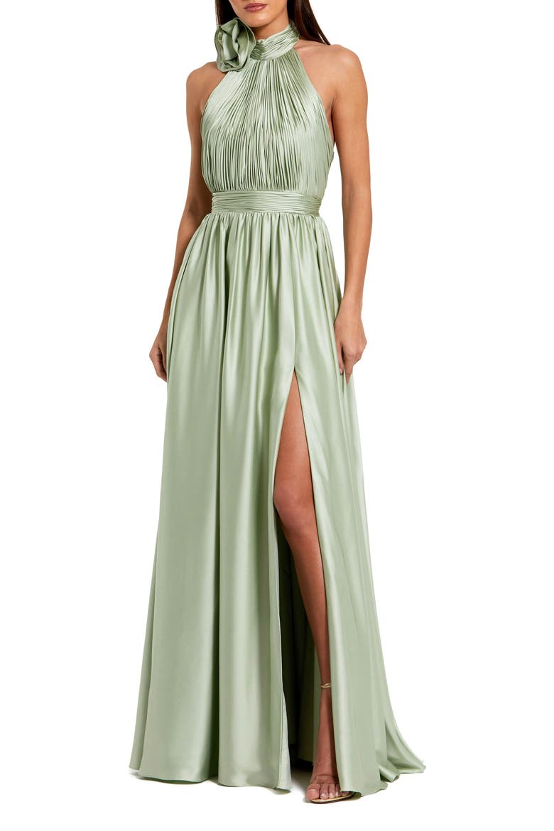 Rosette Halter Chiffon Evening Gown, Main, color, Sage