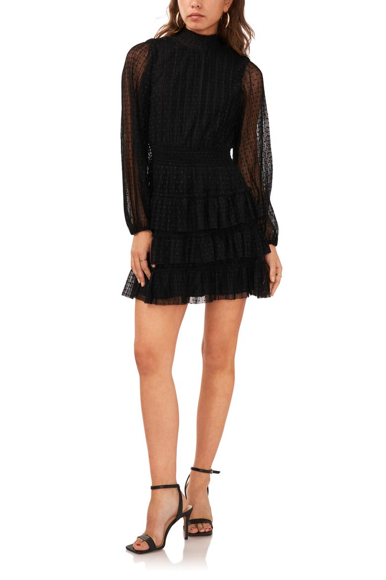 Long Sleeve Plissé Point d'Esprit Minidress, Main, color, RICH BLACK