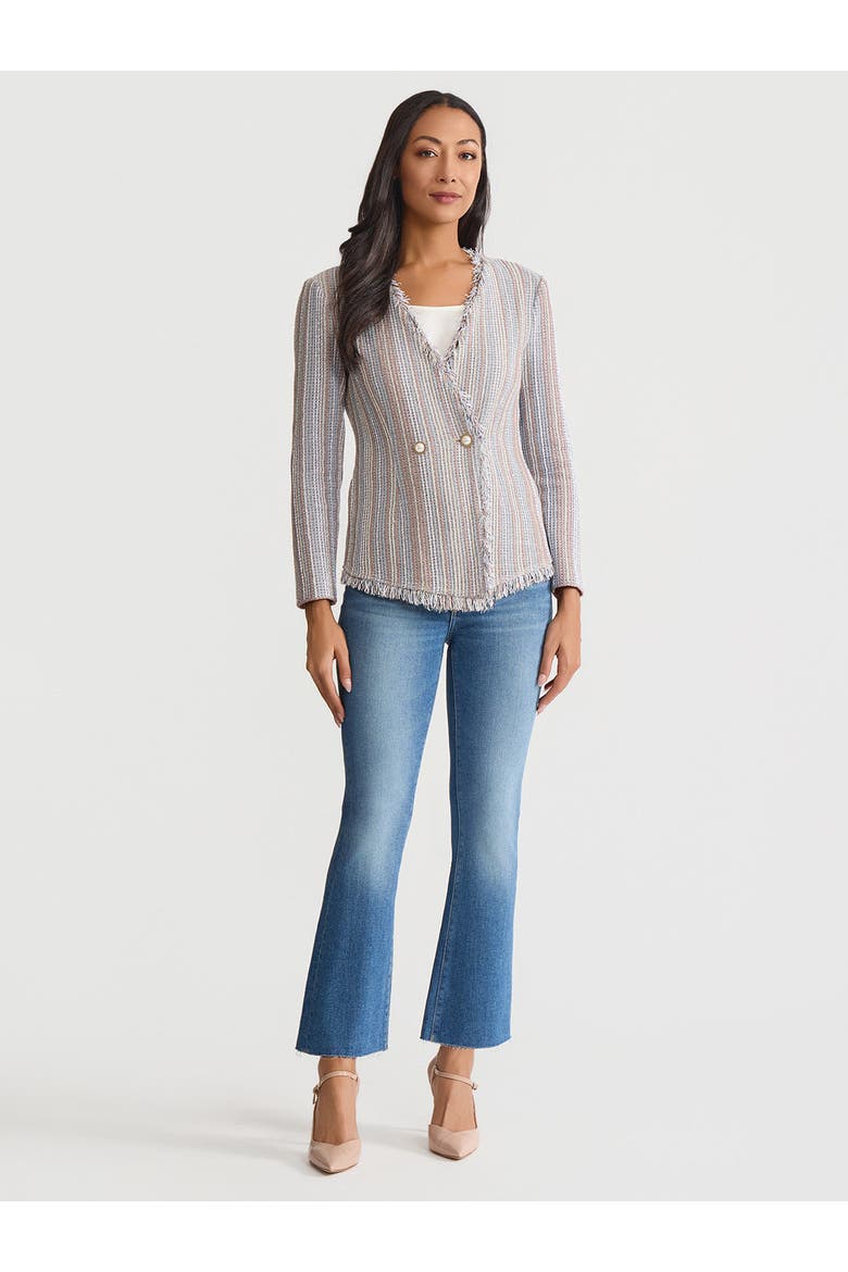 Asymmetrical Fringe Trim Knit Jacket, Main, color, Biscotti/Powder Blue