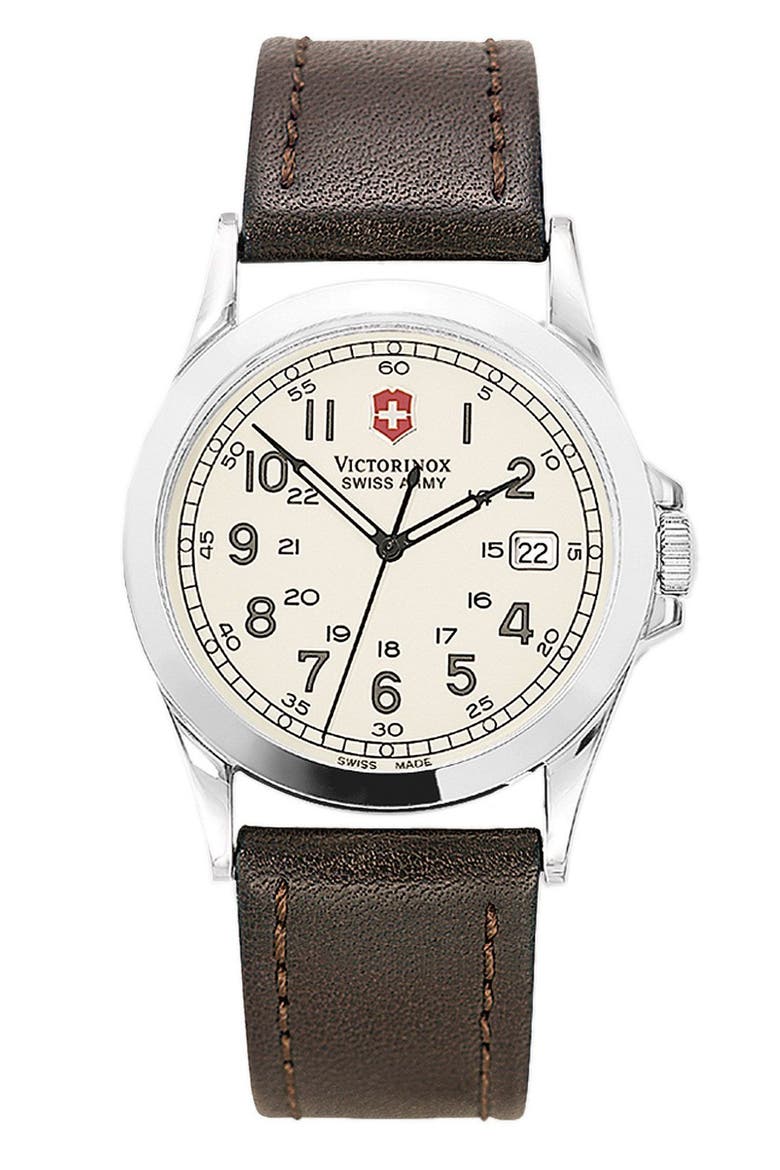 'Infantry' 38mm Watch with Leather Band, Main, color, WHITE/BROWN