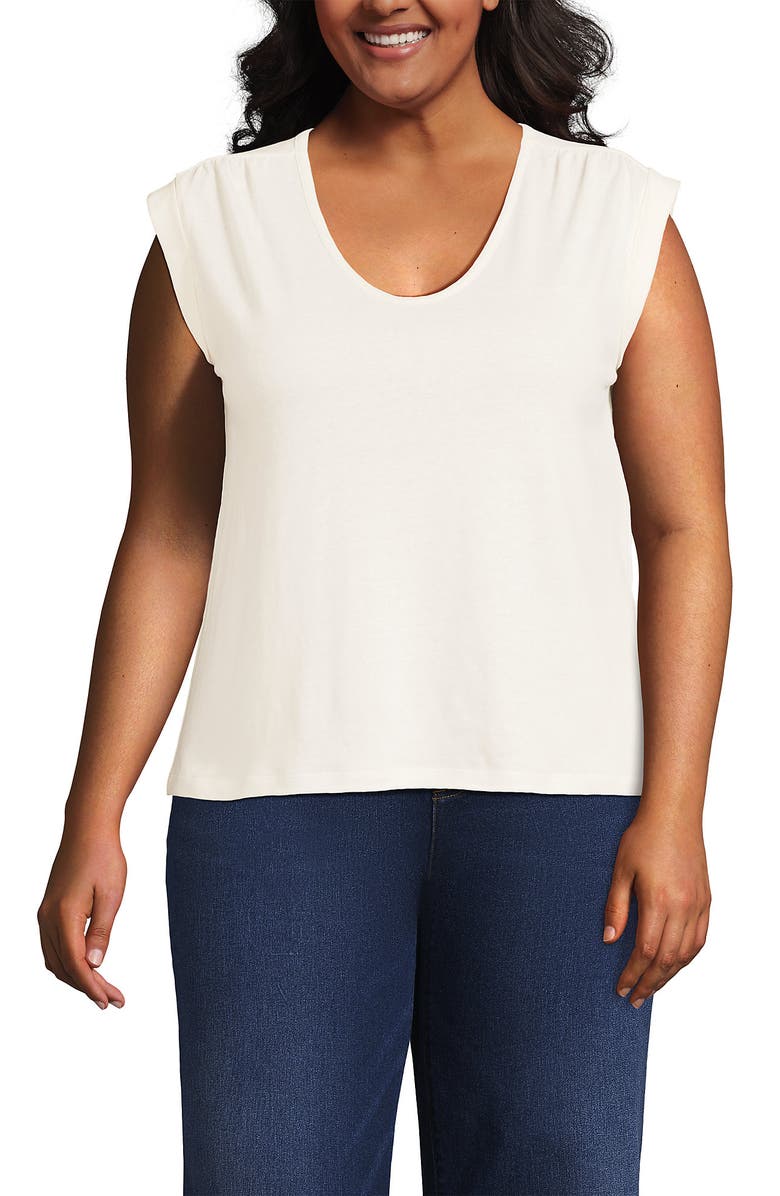 Lands' End Linen Blend Cap Sleeve Gathered Shoulder Tee, Main, color, Ivory