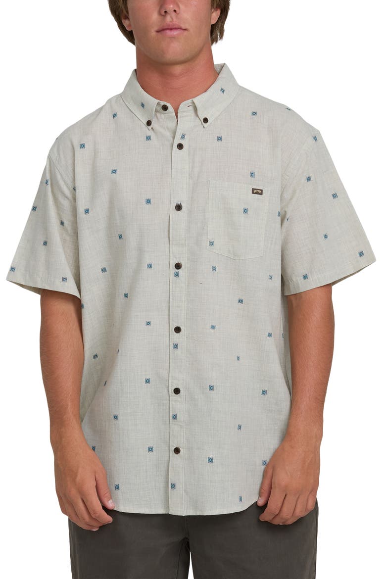 All Day Geo Jacquard Short Sleeve Cotton Blend Button-Down Shirt, Main, color, OATMEAL