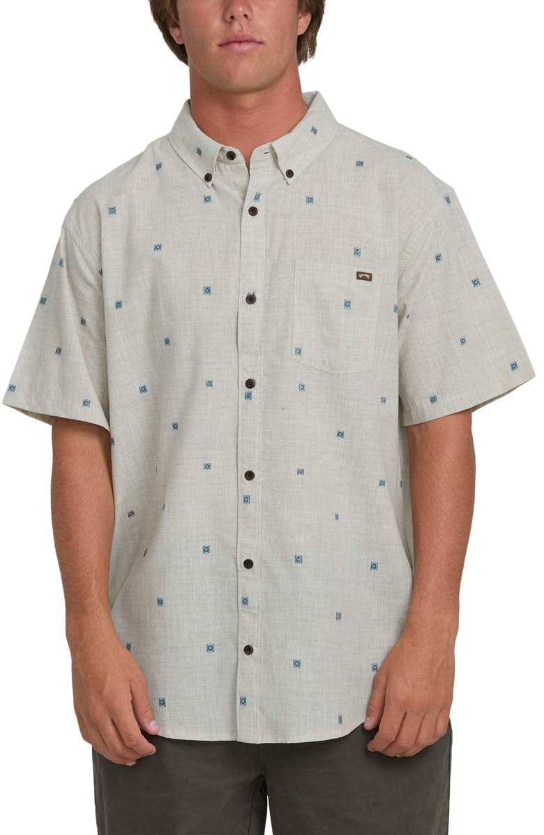 Billabong All Day Geo Jacquard Short Sleeve Cotton Blend Button-Down Shirt, Main, color, Oatmeal