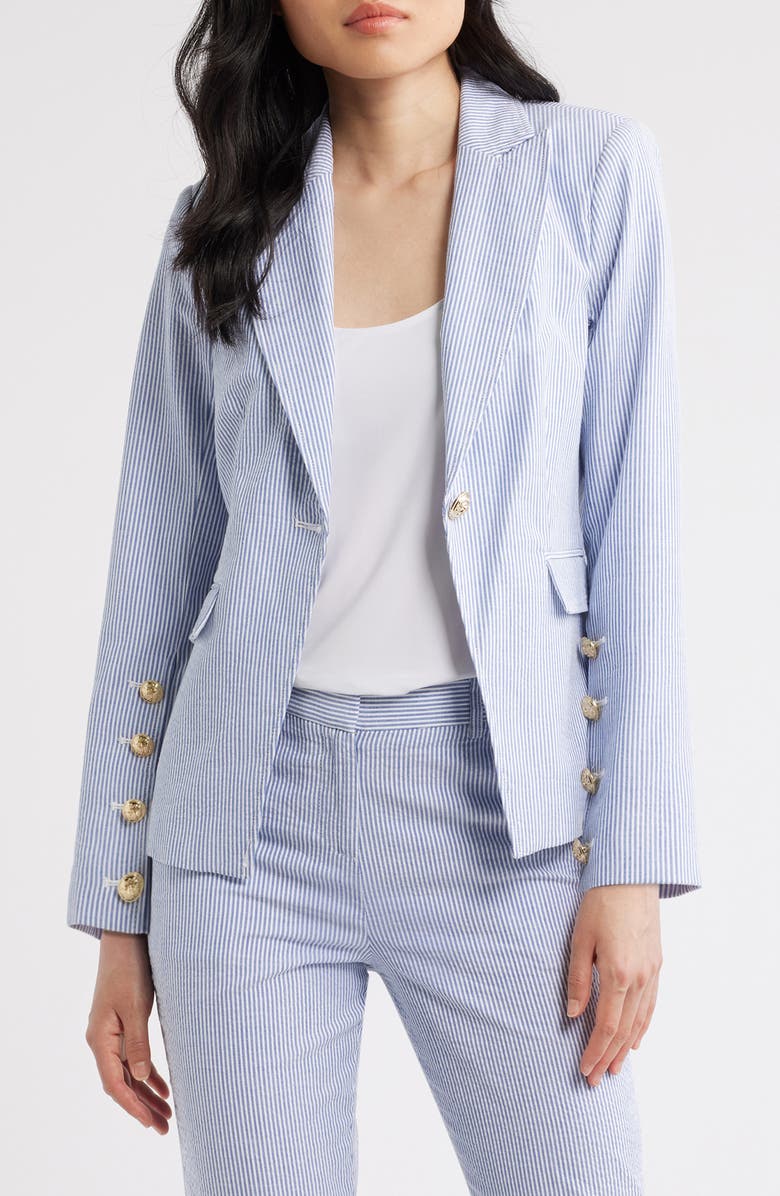 Tahari ASL Seersucker Blazer, Main, color, Navy Ivory