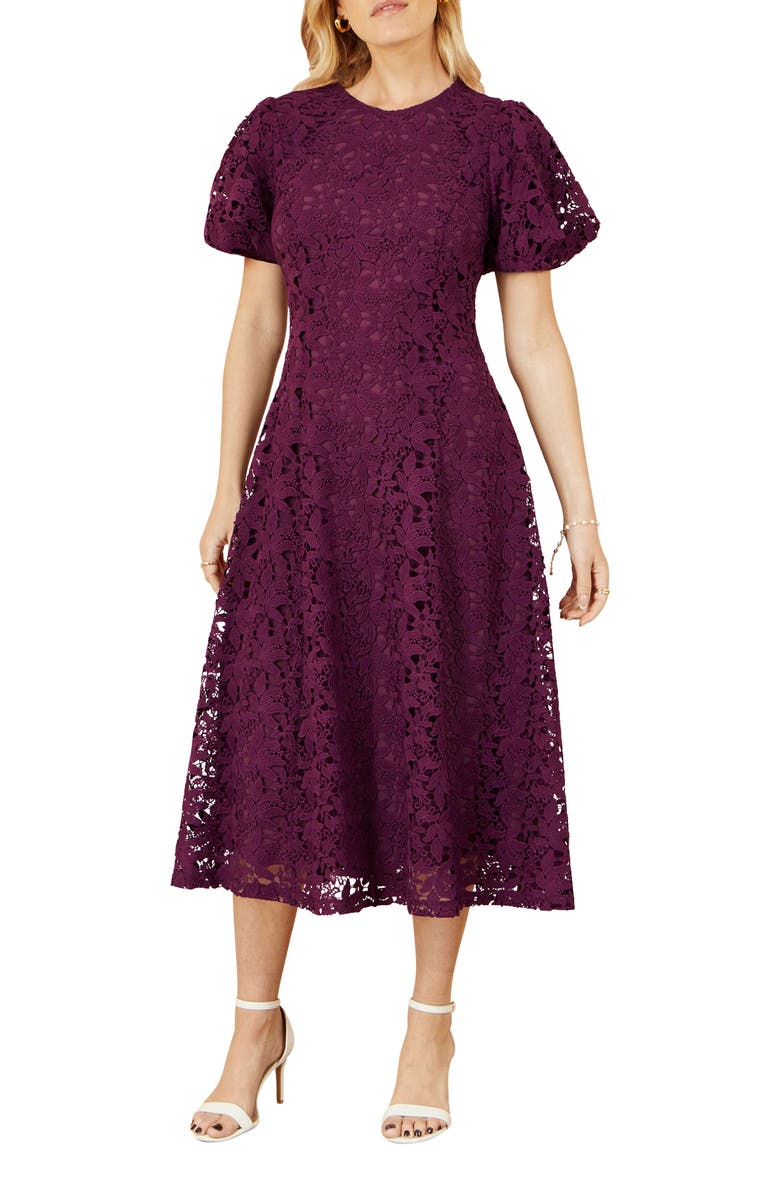 Yumi Stretch Lace Midi Dress, Alternate, color, Burgundy