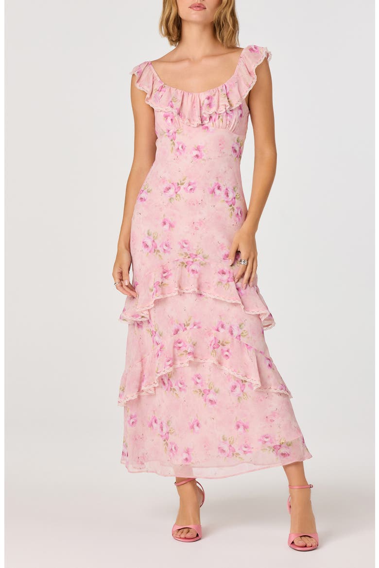 Laisha Floral Ruffle Trim Midi Dress, Main, color, PINK FLORAL