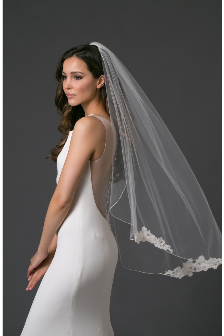 'Sunrise' Lace Appliqué Fingertip Veil, Alternate, color, LIGHT IVORY