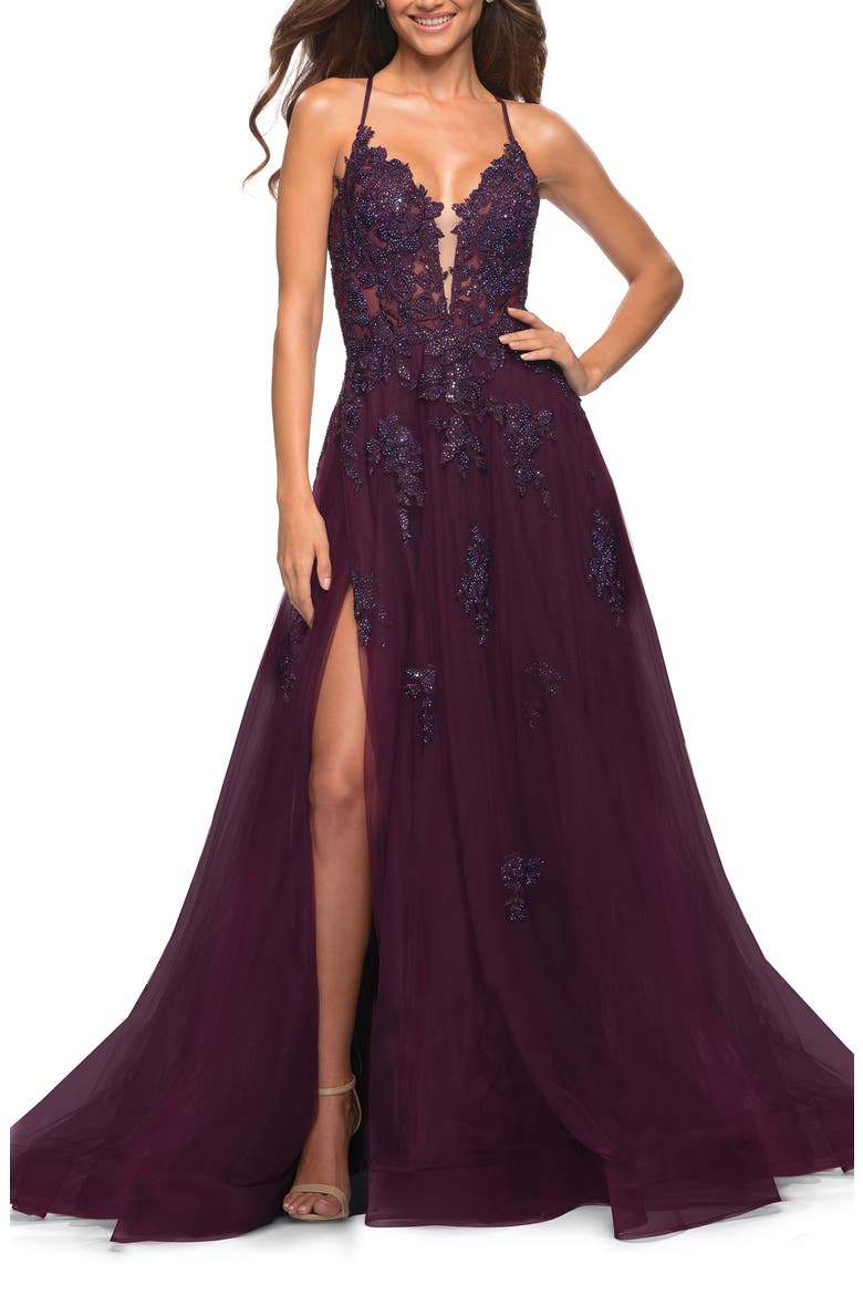 Tulle A-line Dress with Jeweled Lace Appliques, Main, color, DARK BERRY