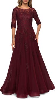 La Femme Lace and Tulle A-line Gown with Three Quarter Sleeves