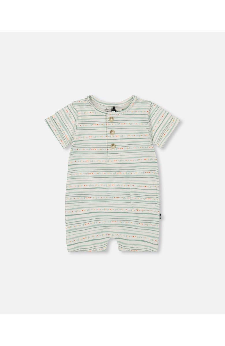 Deux par Deux Printed Organic Cotton Romper, Main, color, White Printed Mint Green Lines