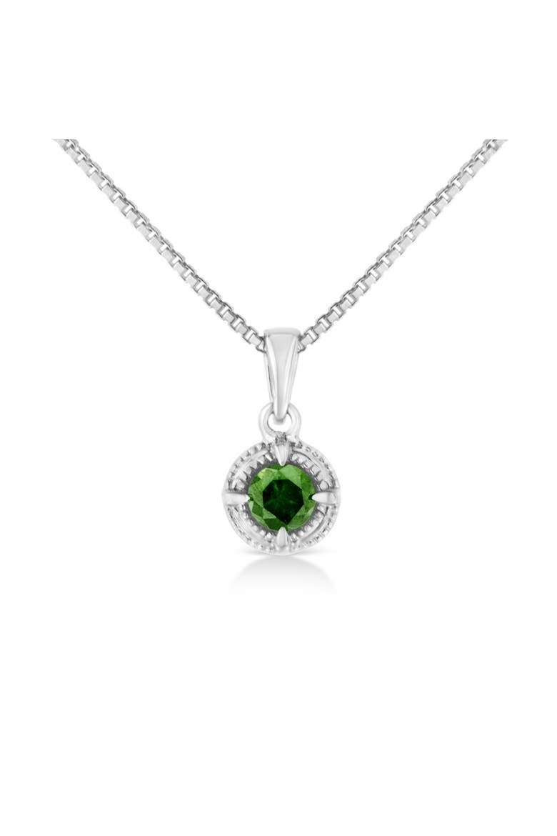Silver 1/5 Cttw Treated Green Diamond Solitaire 18" Milgrain Pendant Necklace, Main, color, Green Diamond